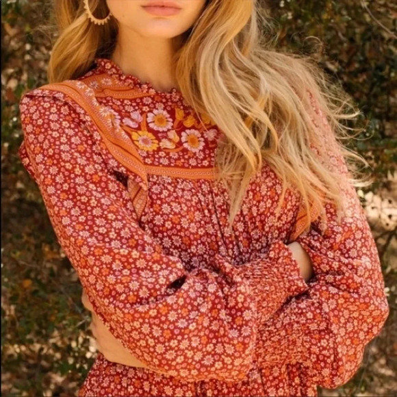 Boho Rust Floral Ruffle Midi Dress | Smocked Waist Prairie Dress - Picture 5 of 7